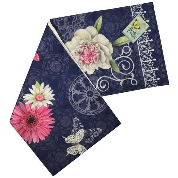 Spring Peonies Floral Indigo Table Runner Boho Butterfly Sandy Clough 72" NEW - Picture 4 of 5